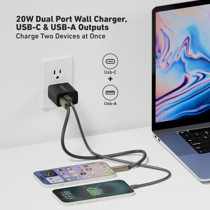 20W Dual Port Wall Charger, USB-C & USB-A Outputs (SS SD)*