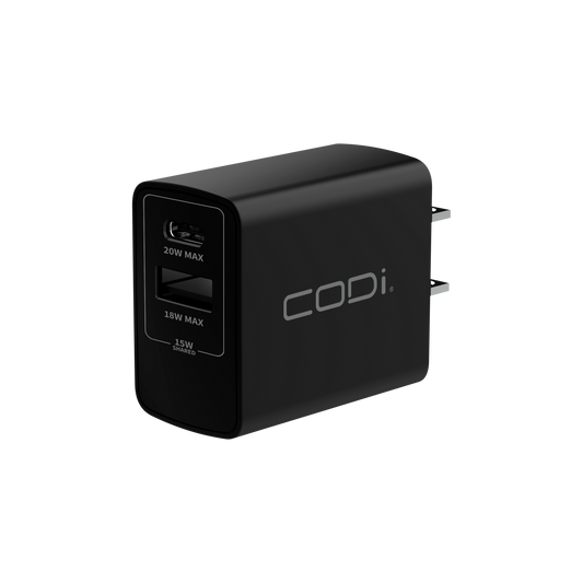 20W Dual Port Wall Charger, USB-C & USB-A Outputs - CODi Worldwide