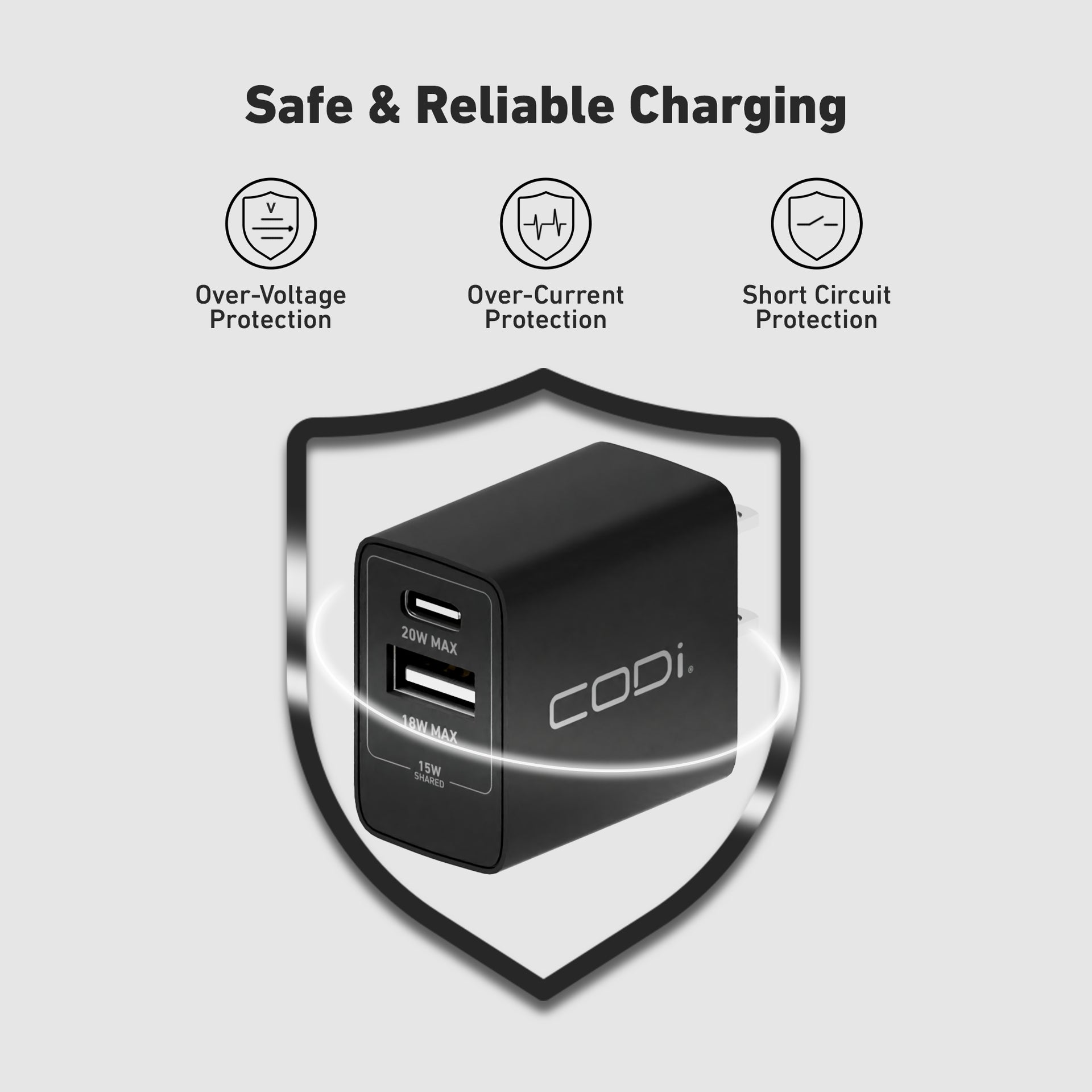 20W Dual Port Wall Charger, USB-C & USB-A Outputs - CODi Worldwide