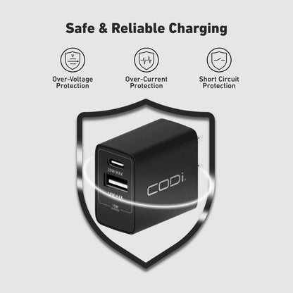 20W Dual Port Wall Charger, USB-C & USB-A Outputs - CODi Worldwide
