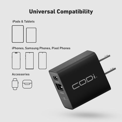 20W Dual Port Wall Charger, USB-C & USB-A Outputs - CODi Worldwide
