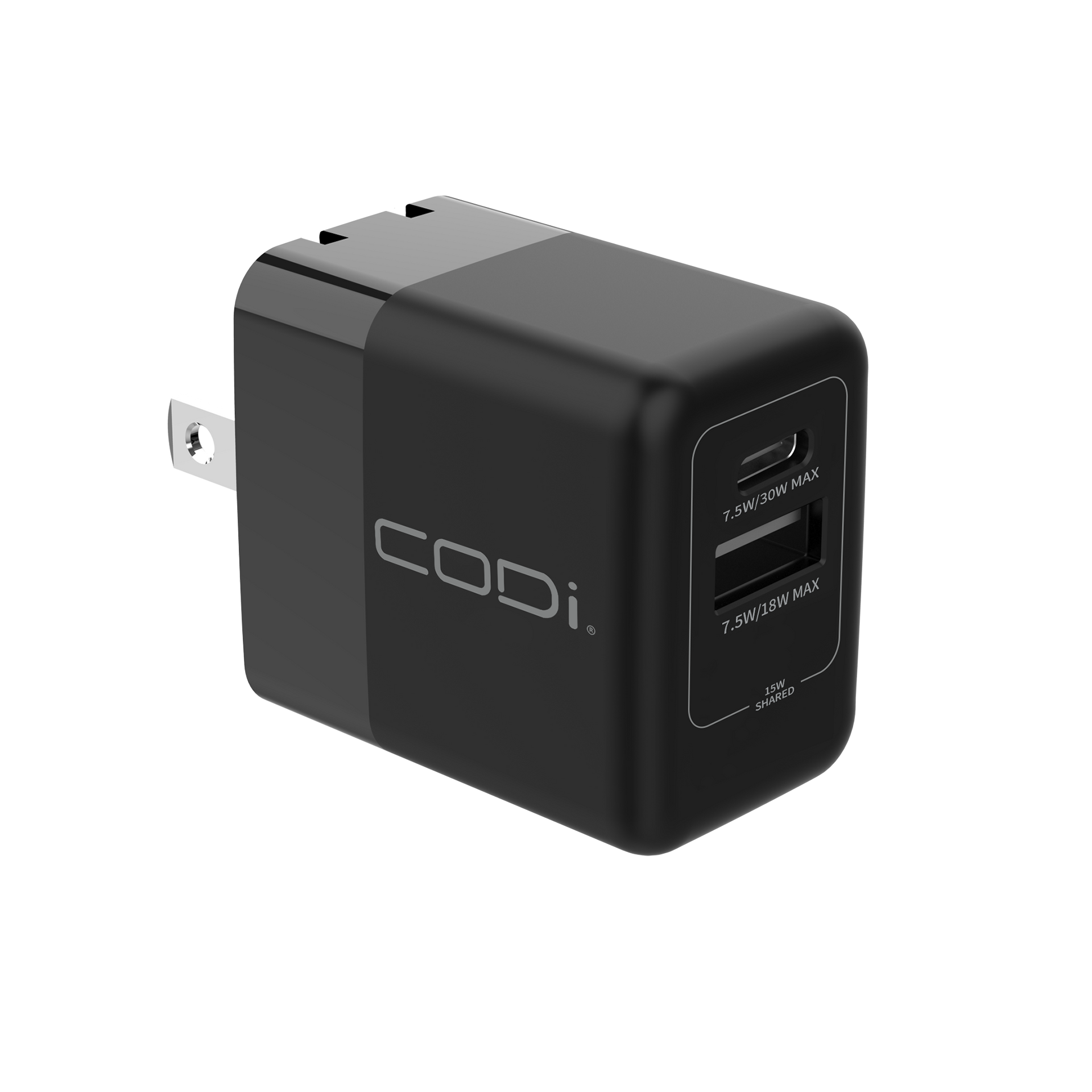 30W Dual Port Wall Charger, USB-C & USB-A Outputs - CODi Worldwide