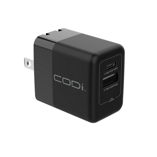 30W Dual Port Wall Charger, USB-C & USB-A Outputs - CODi Worldwide