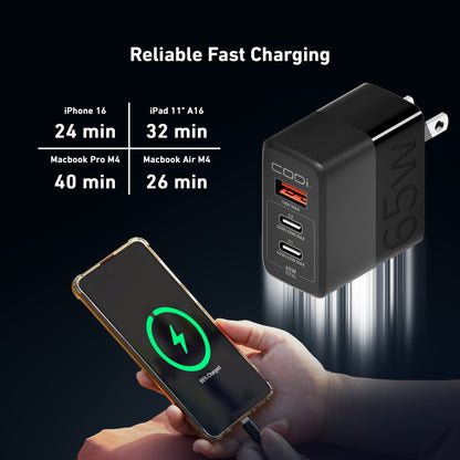 65W GaN Triple Port Wall Charger, USB-C & USB-A Outputs