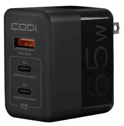 65W GaN Triple Port Wall Charger, USB-C & USB-A Outputs