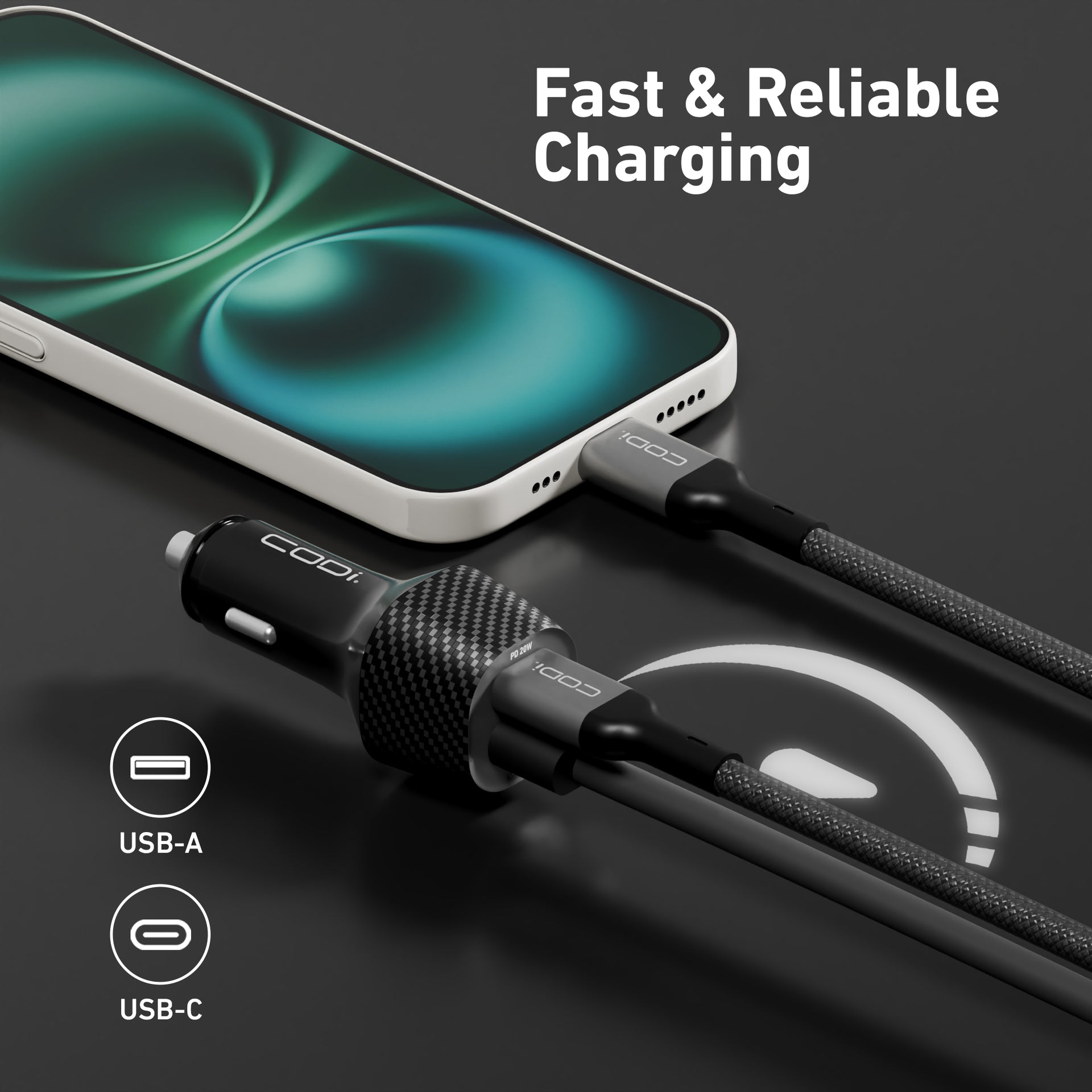 20W Dual Port Car Charger, USB-A & USB-C Outputs - CODi Worldwide