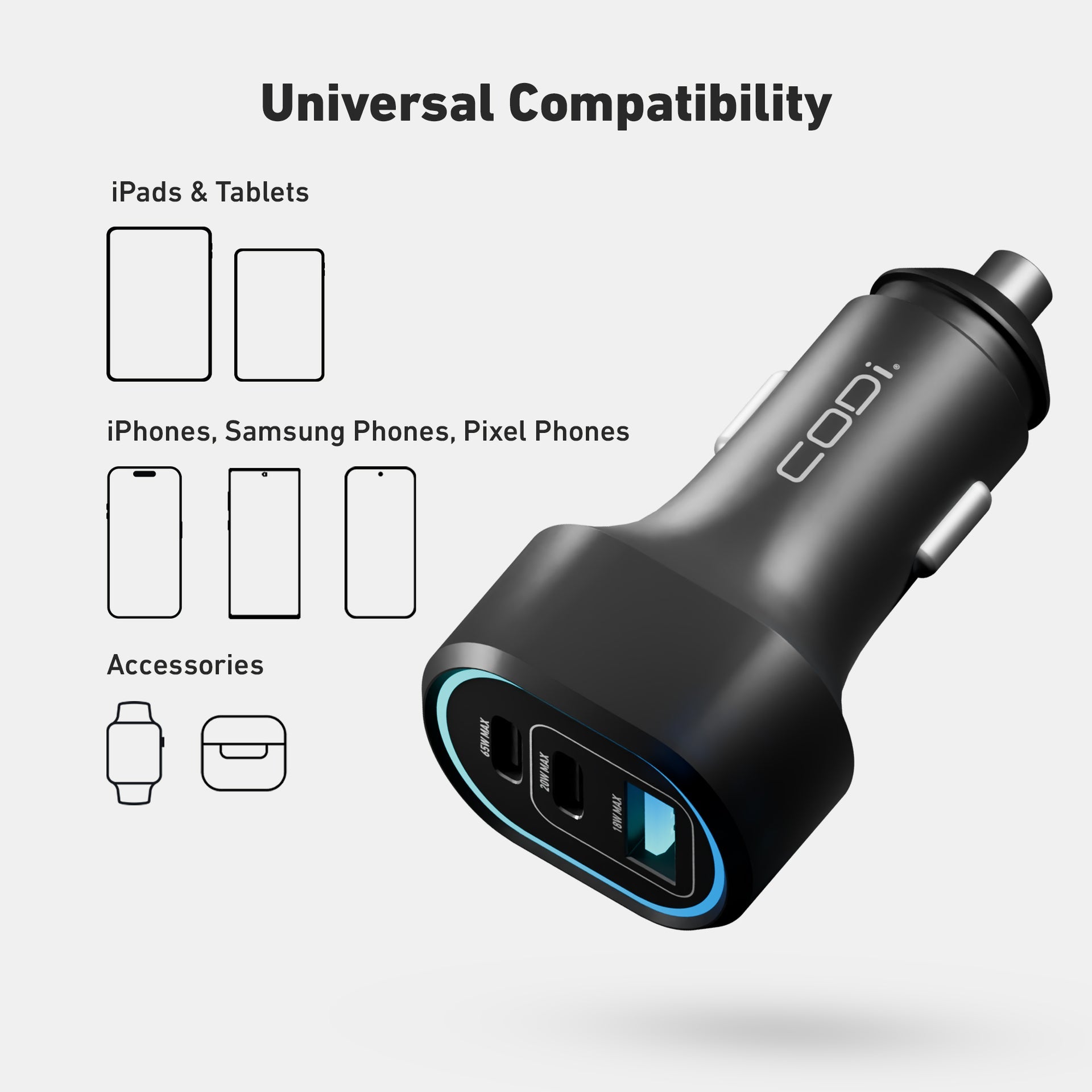 65W Triple Port Car Charger - CODi Worldwide
