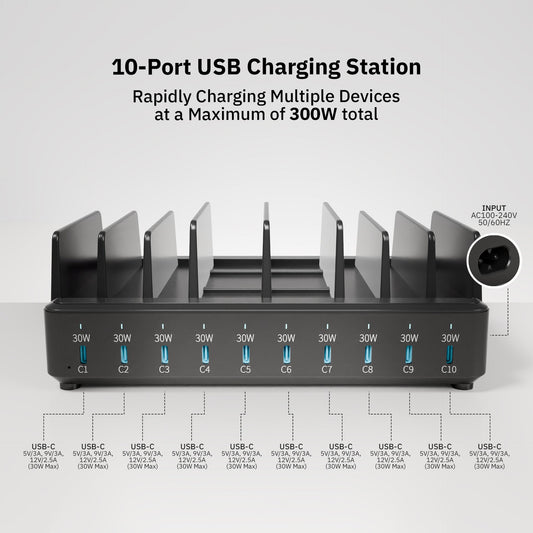 300W 10 Port USB-C Charging Station