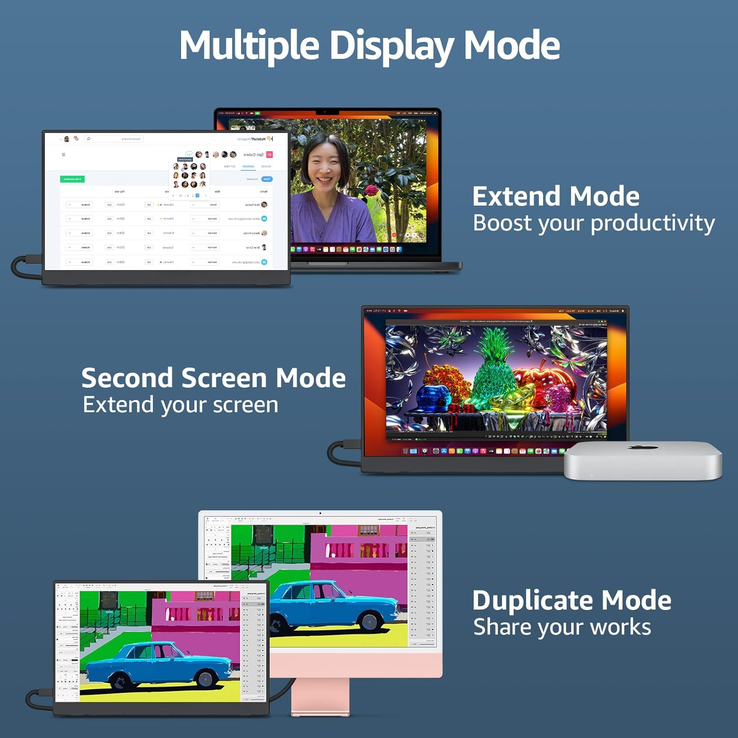 Multiple display modes of a device with text explaining each mode on a blue background.